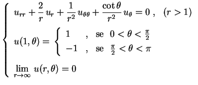 $\displaystyle \left\{
\begin{array}{l}
\displaystyle u_{rr}+\frac{2}{r}\,u_r+\f...
...lim_{r\rightarrow\infty}\,u(r,\theta)=0
\rule{0.cm}{0.7cm}
\end{array}
\right.
$