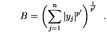 $\displaystyle \qquad
B=\biggl(\sum_{j=1}^n\,\lvert y_j\rvert^{p'}\biggr)^\frac{1}{p'}
\ \ .
$