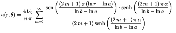 $\displaystyle u(r,\theta)=\frac{4\,U_0}{n\,\pi}\,\sum_{m=0}^\infty\,
\frac{\tex...
...e\left(\frac{(2\,m+1)\,\pi\,\alpha}{\ln
b-\ln a}\right)\rule{0.cm}{0.7cm}} \ .
$