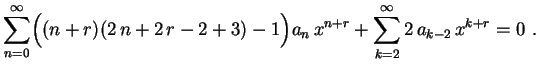 $\displaystyle \sum_{n=0}^\infty\Bigl((n+r)(2\,n+2\,r-2+3)-1\Bigr)a_n\,x^{n+r}+
\sum_{k=2}^\infty 2\,a_{k-2}\,x^{k+r}=0 \ .
$