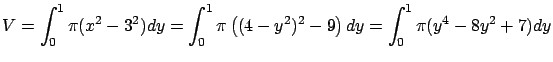 $\displaystyle V = \int_0^1 \pi (x^2-3^2)dy =
\int_0^1 \pi \left( (4-y^2)^2 - 9 \right)dy =
\int_0^1 \pi (y^4 - 8 y^2 + 7) dy$