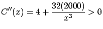 $\displaystyle C''(x) = 4 + \frac{32(2000)}{x^3} > 0$