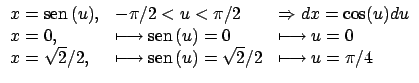 $\displaystyle \begin{array}{lll}
x = \mbox{sen} \, (u), & -\pi/2 < u < \pi/2 &...
... \longmapsto \mbox{sen} \, (u) = \sqrt{2}/2 &\longmapsto u = \pi/4
\end{array}$