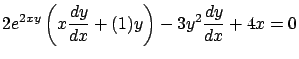 $\displaystyle 2 e^{2xy} \left( x \frac{dy}{dx} + (1) y \right)
- 3 y^2 \frac{dy}{dx} + 4x = 0$