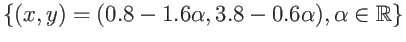 $\displaystyle \left\{ (x,y)=(0.8 - 1.6 \alpha,3.8 - 0.6 \alpha), \alpha \in {\mathbb{R}}\right\}$