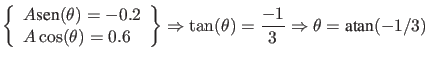 $\displaystyle \left\{ \begin{array}{l} A \mbox{sen} (\theta) = -0.2 \\
A \cos(...
... \Rightarrow
\tan(\theta) = \frac{-1}{3} \Rightarrow \theta = \mbox{atan}(-1/3)$