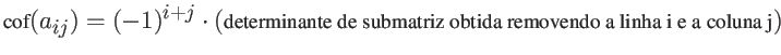 $\mbox{cof}(a_{ij}) = (-1)^{i+j} \cdot (\mbox{determinante de submatriz obtida
removendo a linha i e a coluna j})$