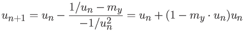 $\displaystyle u_{n+1} = u_n - \frac{1/u_n - m_y}{-1/u_n^2} =
u_n + (1- m_y \cdot u_n)u_n$