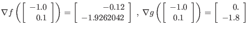 $\displaystyle \nabla f \left( \left[ \begin{array}{r}
-1.0 \\ 0.1 \end{array} \...
...rray} \right] \right) =
\left[ \begin{array}{r}
0. \\ -1.8 \end{array} \right] $