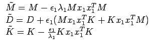 $ \begin{array}{l}
\tilde{M} = M - \epsilon_1 \lambda_1 M x_1 x_1^T M \\
\tilde...
... M) \\
\tilde{K} = K - \frac{\epsilon_1}{\lambda_1} K x_1 x_1^T K
\end{array} $