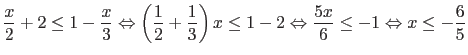 $\displaystyle \frac{x}{2} + 2 \leq 1 - \frac{x}{3} \Leftrightarrow
\left( \frac...
...eq 1-2 \Leftrightarrow
\frac{5x}{6} \leq -1 \Leftrightarrow x \leq -\frac{6}{5}$